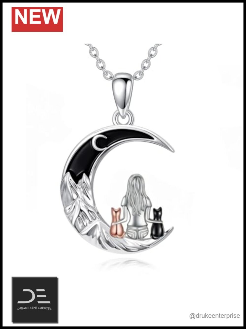 Black Cat Crescent Moon Pendant Necklace Gothic Stainless Steel Adjustable Gift